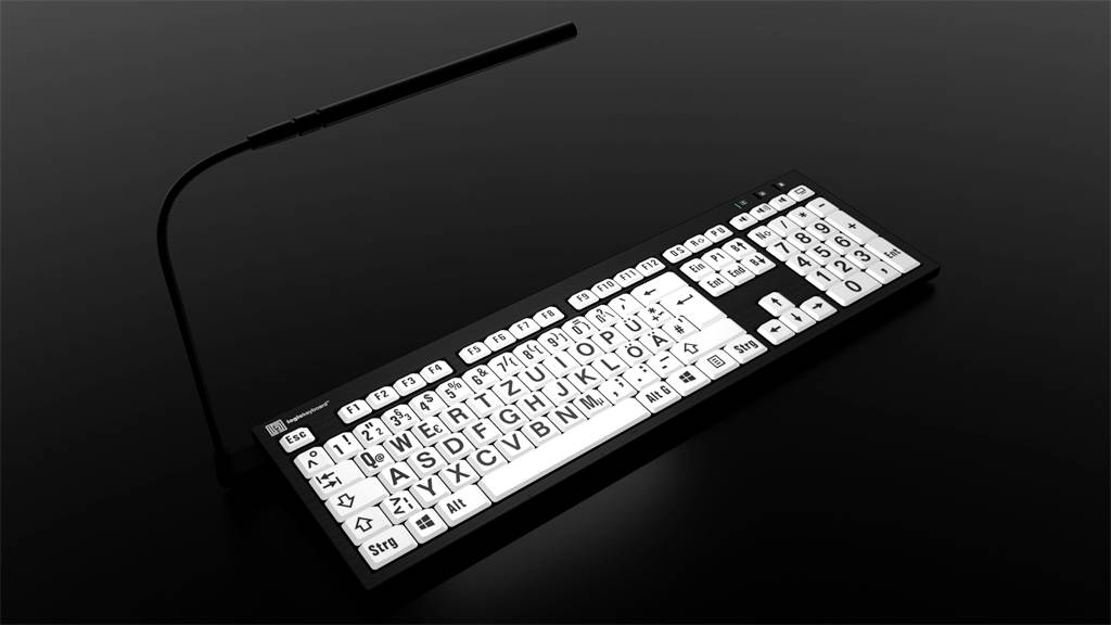 Clavier avec des touches lumineuses et grandes sur un fond noir. Les touches sont dotées de symboles tels que le volume et la luminosité.