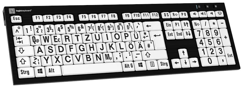 Clavier en disposition allemande QWERTZ avec des touches larges et à fort contraste pour une meilleure visibilité. En haut à gauche, commence par la touche 'Échap'.