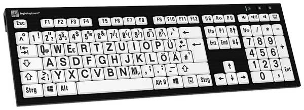 Logickeyboard XL-Print filaire Clavier allemand, QWERTZ noir touches multimédia, hub USB, Touches à frappe silencieuse