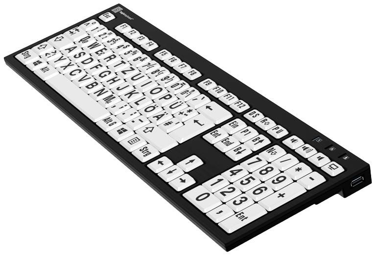Clavier avec touches larges blanches et lettres noires pour une meilleure lisibilité. Adapté aux personnes ayant des difficultés visuelles.