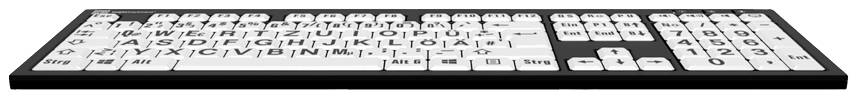 Clavier avec de grandes lettres noires sur des touches blanches, optimisé pour les personnes malvoyantes.