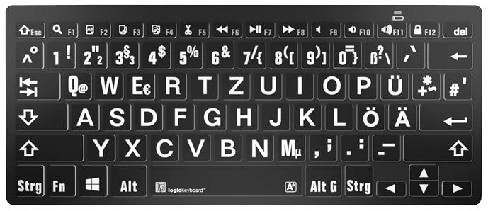 Clavier avec grandes lettres et symboles, disposition des touches en noir et blanc, idéal pour les utilisateurs malvoyants.