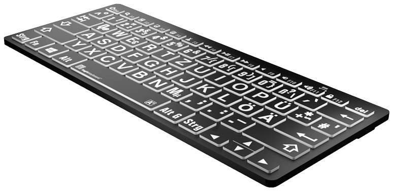 Un clavier d'ordinateur noir avec de grandes lettres et des symboles blancs mis en évidence pour une meilleure lisibilité.