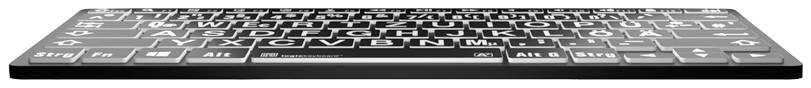 Vue de dessus d'un clavier d'ordinateur avec des touches noires et des lettres blanches.