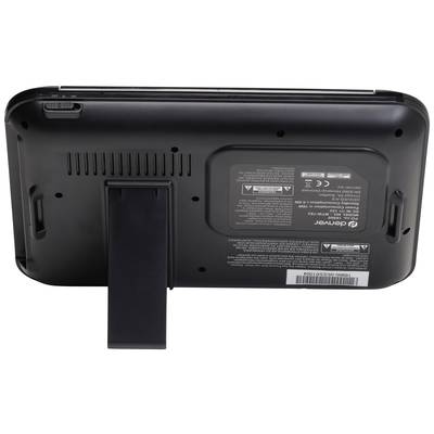 Vue arrière d'un appareil électronique noir avec un support dépliable, des fentes de ventilation et des autocollants contenant des informations techniques.