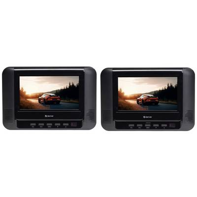 Deux lecteurs DVD portables avec écrans montrent une voiture au coucher de soleil sur une route.