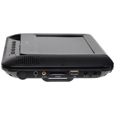 Lecteur DVD portable en vue latérale, montrant les ports de sortie AV, les emplacements pour cartes SD/MMC, USB, l'entrée DC et l'alimentation 12V.