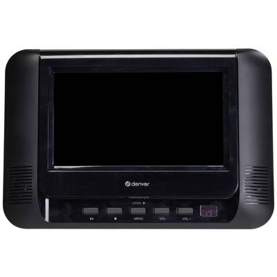 Lecteur DVD portable noir avec écran au centre ; touches de lecture, menu et volume en bas.