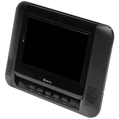 Un lecteur DVD portable avec un boîtier noir et un écran intégré. Des boutons de commande tels que le volume et le menu se trouvent en bas.