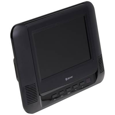 Lecteur DVD portable noir avec écran intégré. Les boutons de commande et les haut-parleurs sont situés sous l'écran.