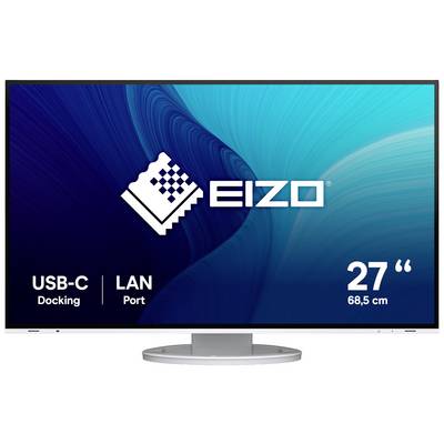 Un moniteur avec une diagonale d'écran de 27 pouces. Sur l'écran est inscrit 'EIZO', à côté 'USB-C Docking' et 'Port LAN'.