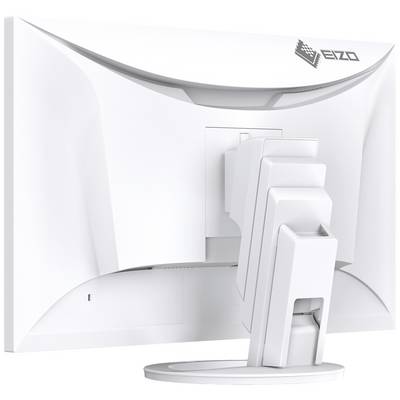 Un moniteur d'ordinateur blanc vu de dos, affichant le logo Eizo et un support réglable permettant d'ajuster facilement la hauteur de l'écran.