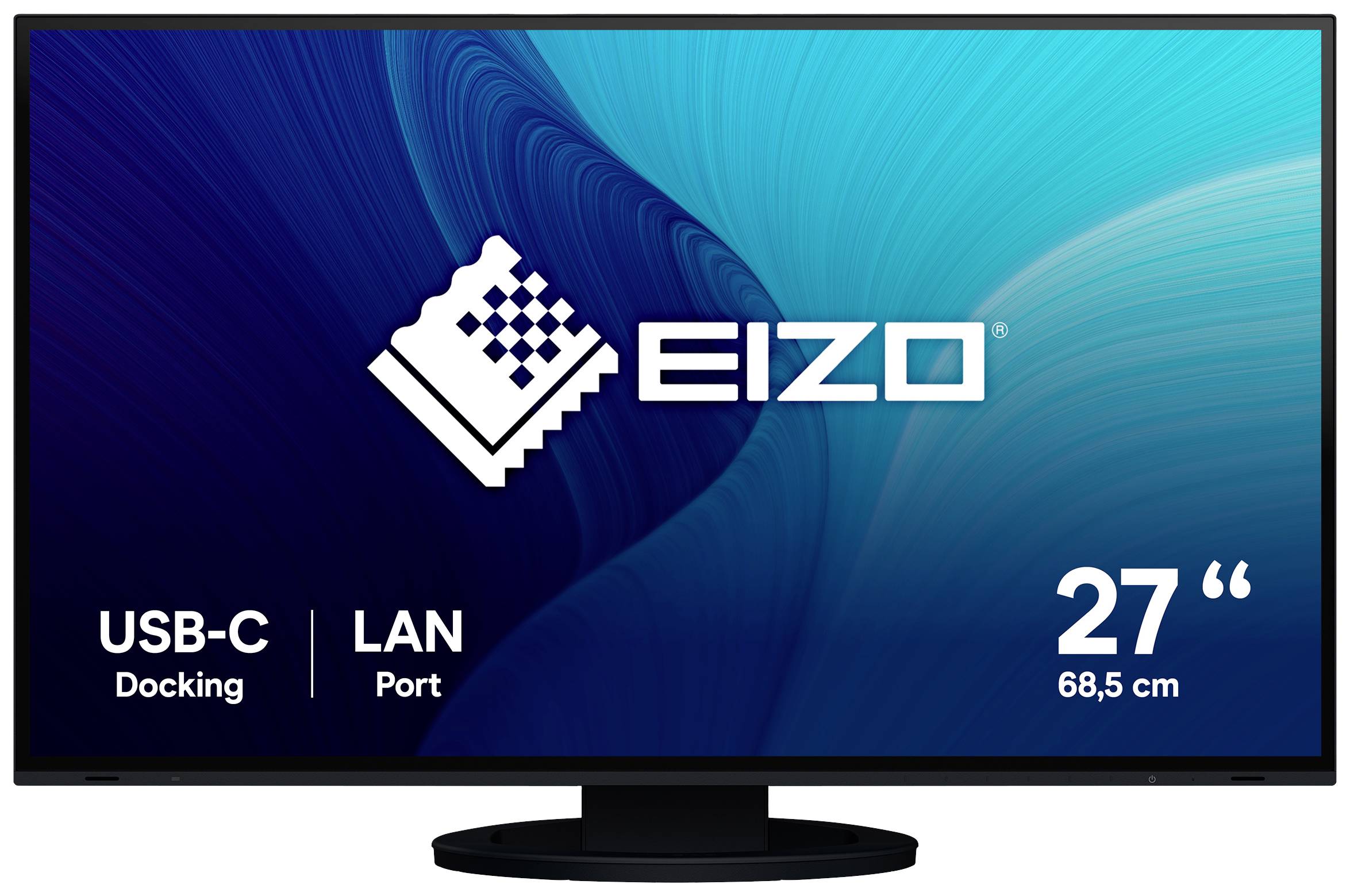 Un moniteur Eizo de 27 pouces, affichant le logo de la marque. Fonctionnalités : station d'accueil USB-C, port LAN. Arrière-plan dans des tons de bleu.