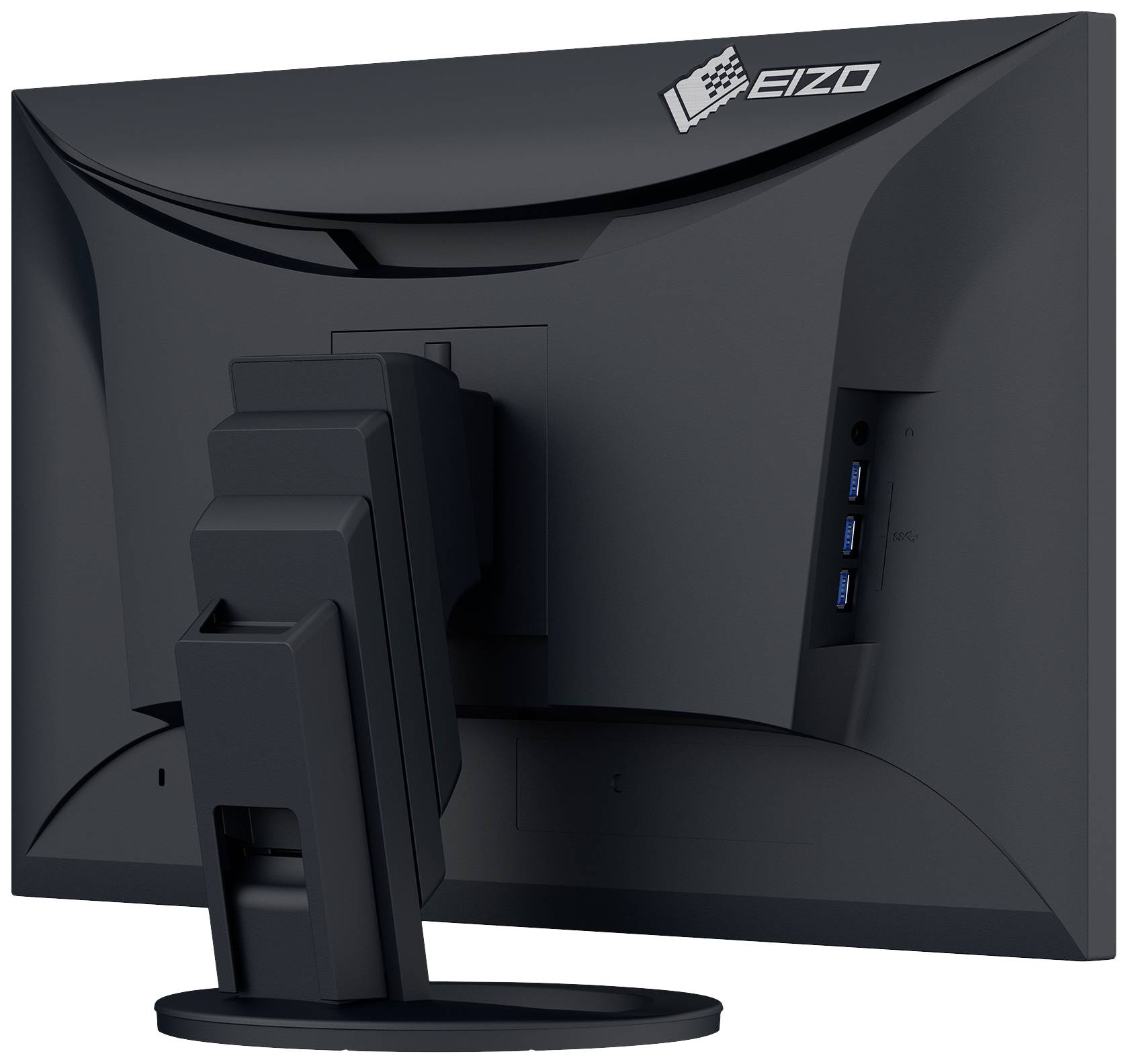 Vue arrière d'un moniteur d'ordinateur avec le logo 'EIZO' en haut à droite. Le moniteur dispose d'un socle stable et de plusieurs ports USB.