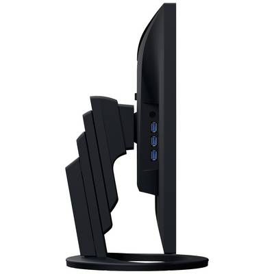 Un écran d'ordinateur de côté, avec plusieurs ports USB visibles. Le support montre une hauteur ajustable.