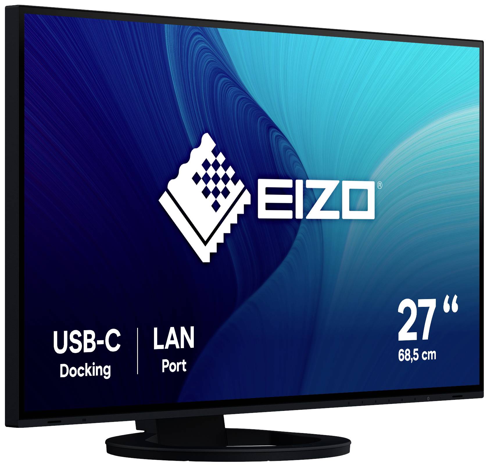 Moniteur de 68,5 cm (27 pouces) de diagonale d'écran, avec station d'accueil USB-C et port LAN. L'écran affiche le logo 'EIZO' sur un fond bleu.