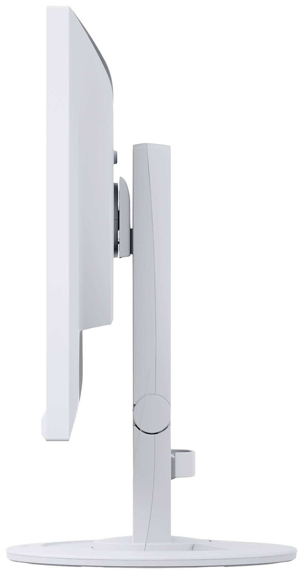 Un regard latéral sur un écran d'ordinateur plat au cadre étroit, posé sur un socle rond, dont le design est minimaliste.