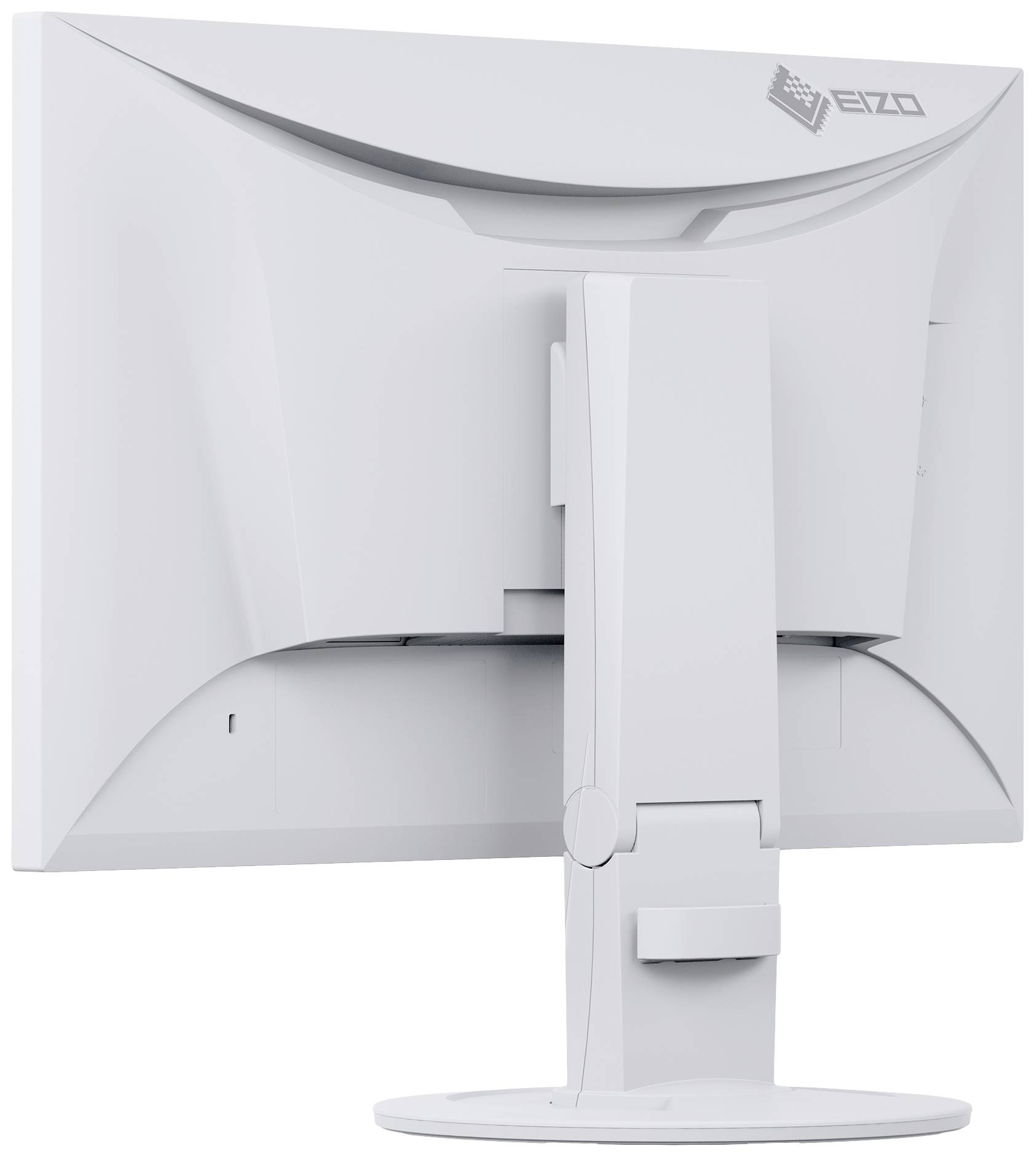 Un moniteur d'ordinateur vu de dos, avec un boîtier blanc, équipé d'un socle réglable pour un ajustement ergonomique.