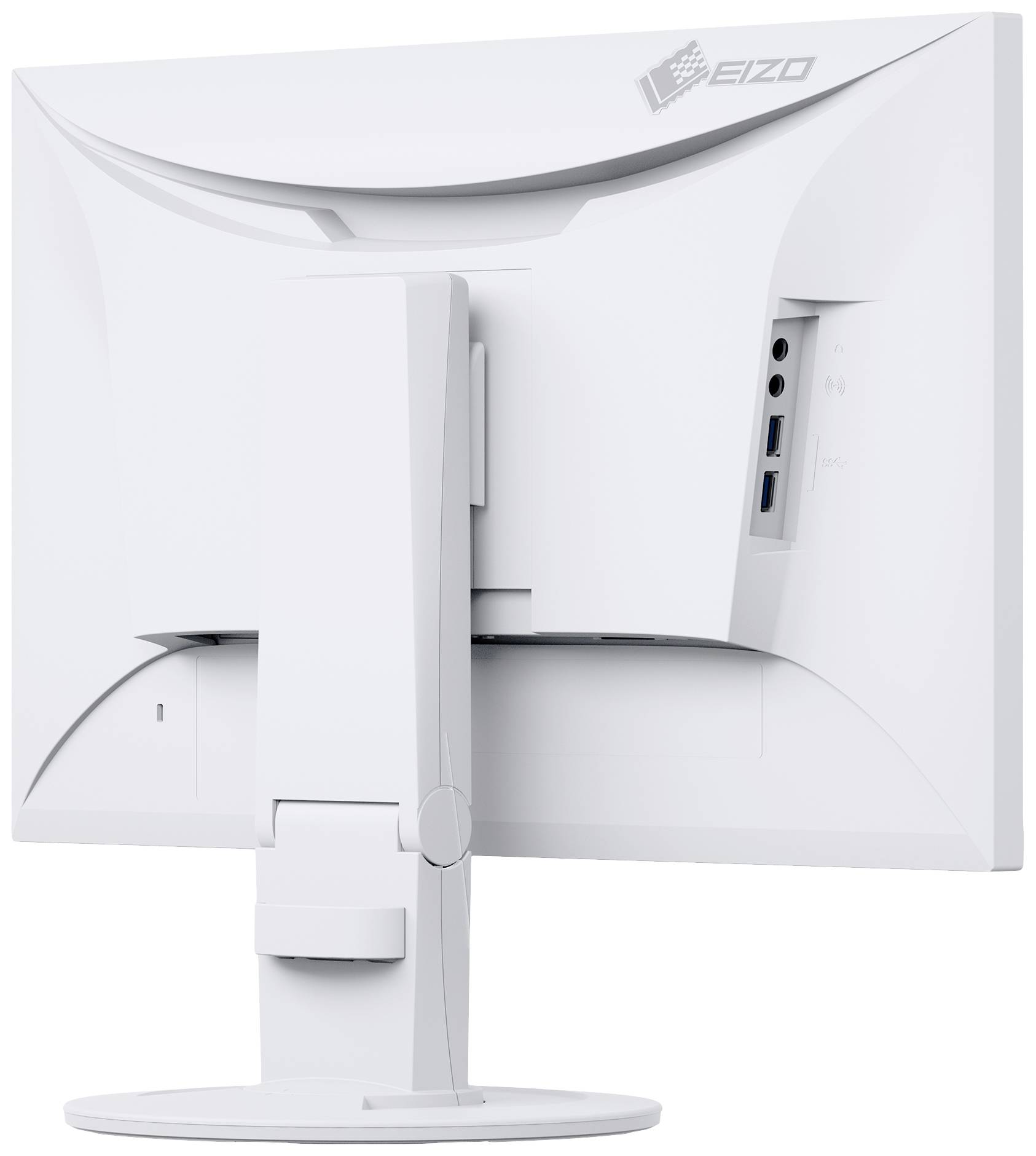 Un écran d'ordinateur blanc vu de dos, avec des ports de connexion sur le côté droit et un pied stable.