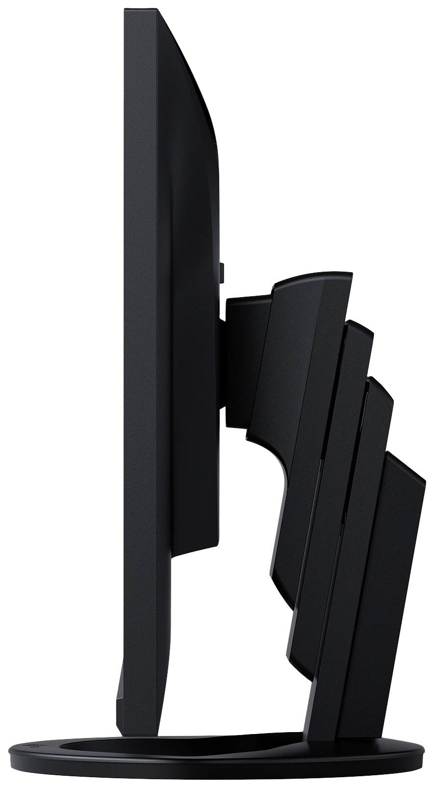 Vue latérale d'un moniteur fin et réglable avec fonction d'inclinaison, posé sur un socle rond. L'écran est noir.