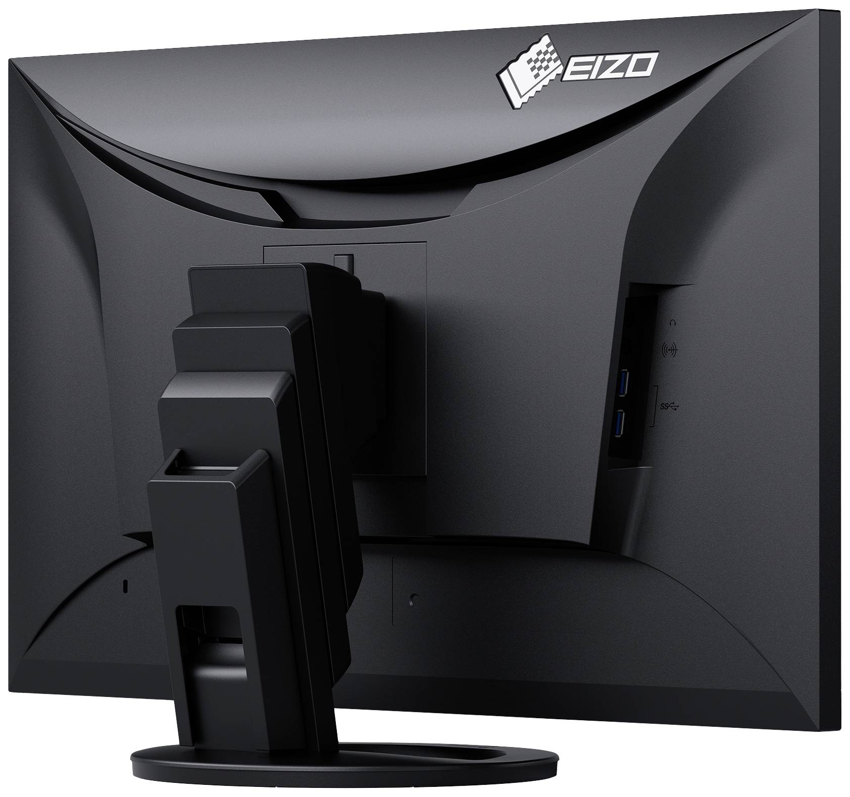 Vue arrière d'un moniteur Eizo avec un support ergonomique et des ports de connexion à l'arrière.