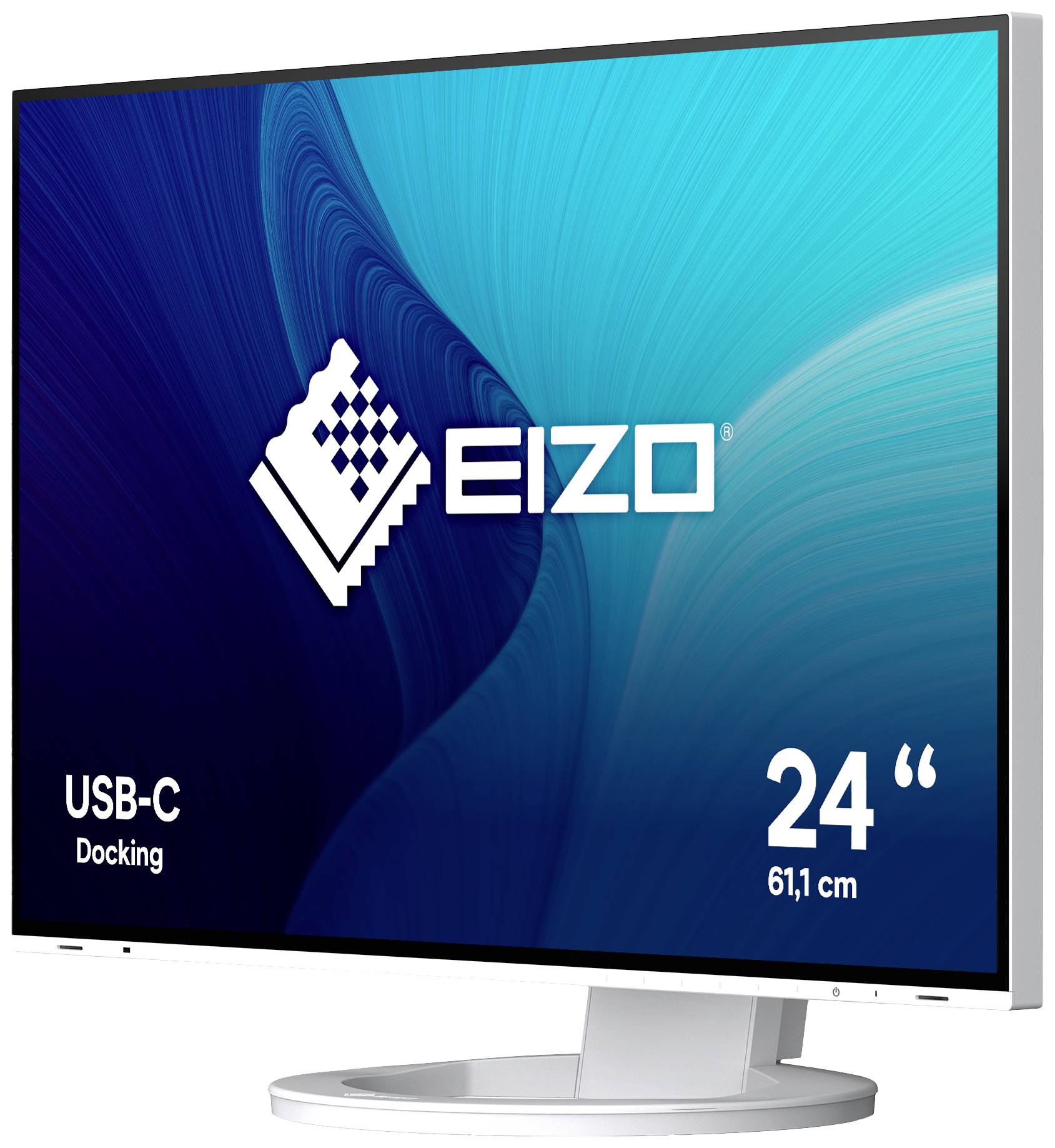 Moniteur EIZO avec écran de 24 pouces, fonction de station d'accueil USB-C. Arrière-plan en bleu avec le logo EIZO au centre de l'écran.