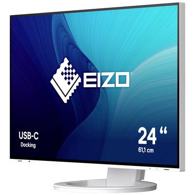 Moniteur EIZO avec écran de 24 pouces, fonction de station d'accueil USB-C. Arrière-plan en bleu avec le logo EIZO au centre de l'écran.
