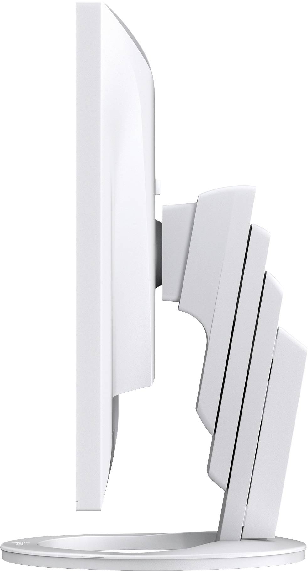 Vue latérale d'un écran d'ordinateur blanc réglable en hauteur, monté sur un socle rond.