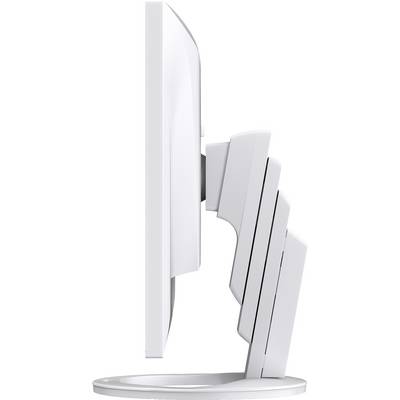 Vue latérale d'un écran d'ordinateur blanc réglable en hauteur, monté sur un socle rond.