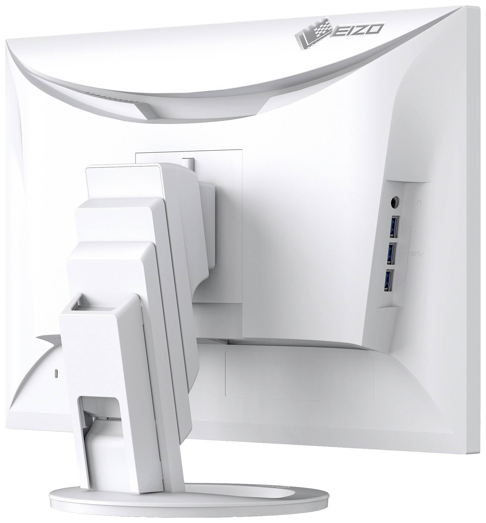 Un écran d'ordinateur blanc vu de dos, avec un pied réglable et trois ports USB sur le côté.