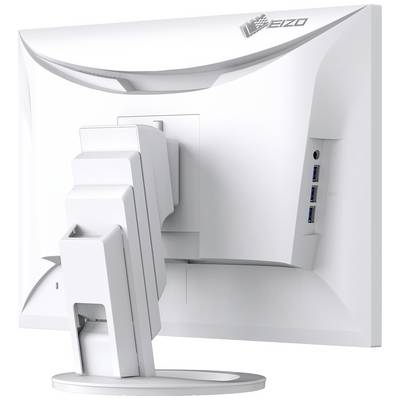 Un écran d'ordinateur blanc vu de dos, avec un pied réglable et trois ports USB sur le côté.