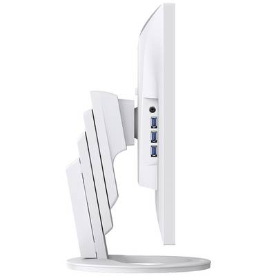 Vue latérale d'un écran d'ordinateur blanc avec des ports USB à l'arrière et un pied réglable en hauteur.