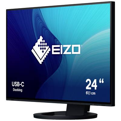 Un écran d'ordinateur portant l'inscription 'EIZO', affichant une taille de 24 pouces (61,1 cm) et un dock USB-C. Arrière-plan dans des tons de bleu et de vert.