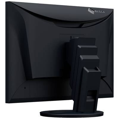 Un moniteur noir vu de dos avec un support réglable. Le logo de la marque est visible en haut à droite.