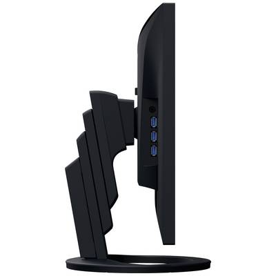 Écran d'ordinateur noir vu de côté, avec plusieurs ports USB situés sur la droite à l'arrière.
