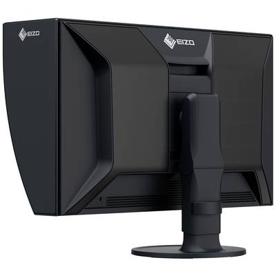 Un écran d'ordinateur noir de la marque EIZO, vue de dos. Il est posé sur un socle réglable, sans contenu visible à l'écran.