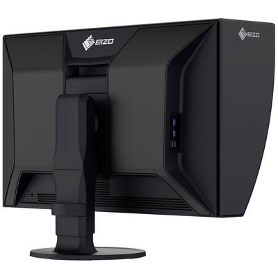 Écran d'ordinateur noir vu de dos, avec des logos de marque visibles et des options de connexion sur le côté du pied de support.