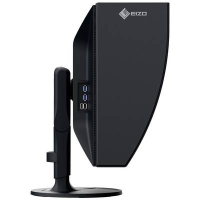 Vue latérale d'un moniteur d'ordinateur noir sur socle, avec des ports USB sur le côté.