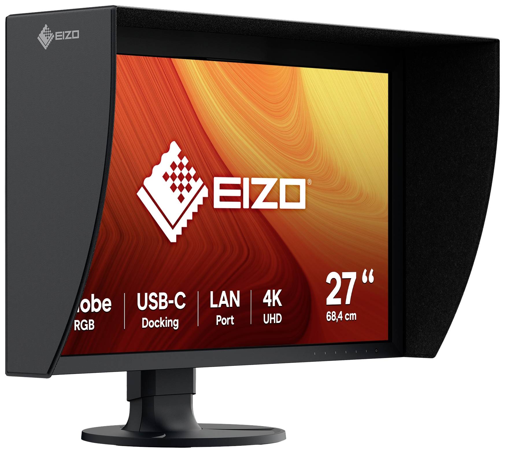 Un moniteur noir EIZO avec un capot d'écran affiche un écran orange-rouge portant les mentions 'Adobe RGB', 'USB-C Docking', 'Port LAN', '4K UHD', '27" 68,4 cm'.