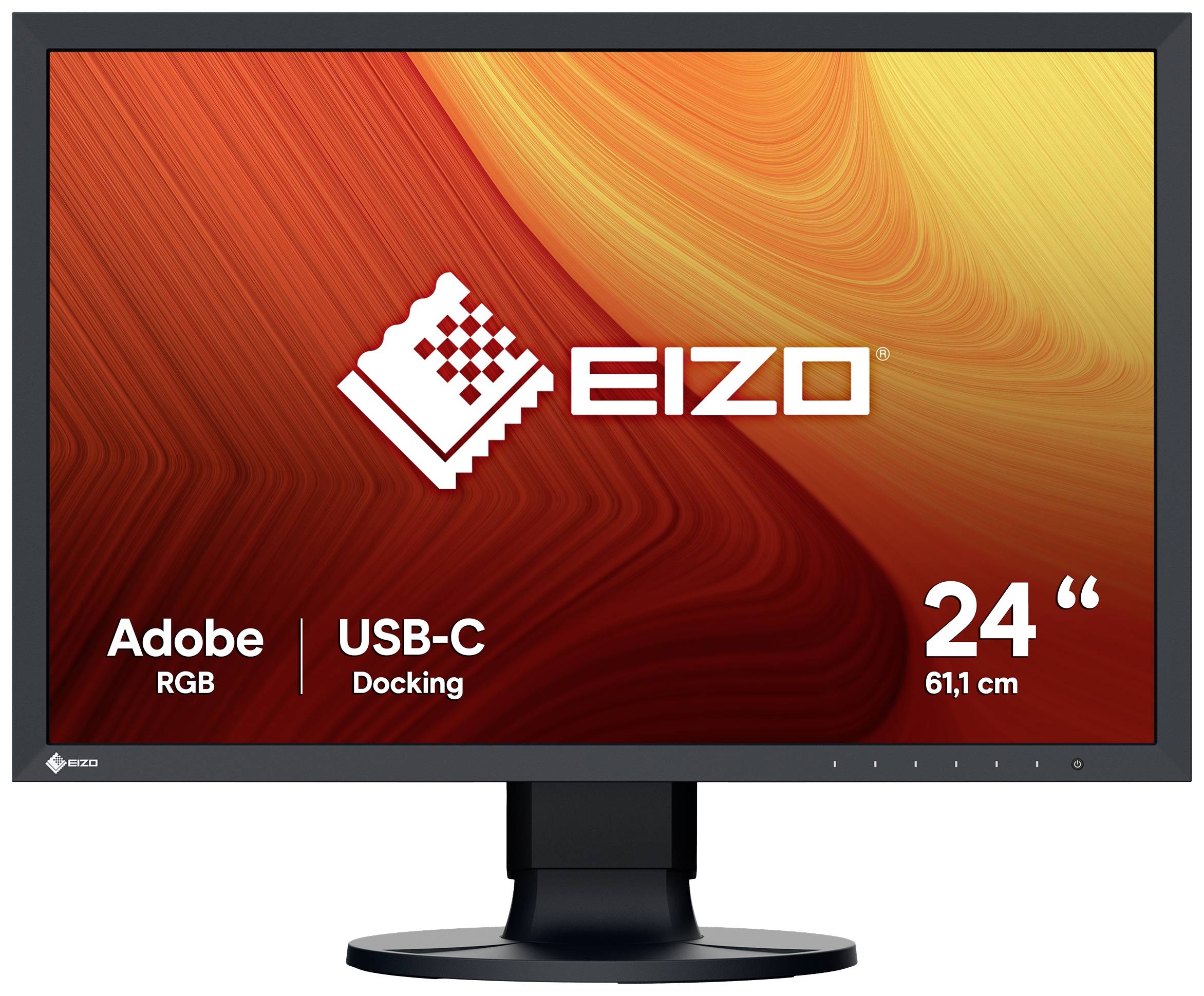 'Écran d'ordinateur de 24 pouces (61,1 cm) avec écran, station d'accueil USB-C et Adobe RGB. Logo Eizo sur un fond orange.'
