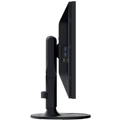 Vue latérale d'un écran d'ordinateur noir avec des ports USB à l'arrière du moniteur.