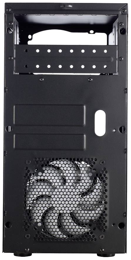 Boîtier d'ordinateur noir avec ventilateur visible sur la paroi arrière, adapté à l'installation de composants matériels et à la ventilation.