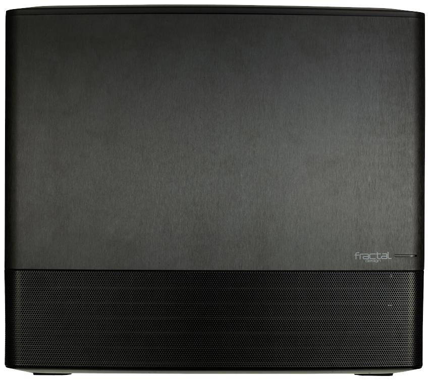 Boîtier d'ordinateur noir moderne au design minimaliste. La partie supérieure est lisse, la partie inférieure est dotée d'une grille de ventilation.