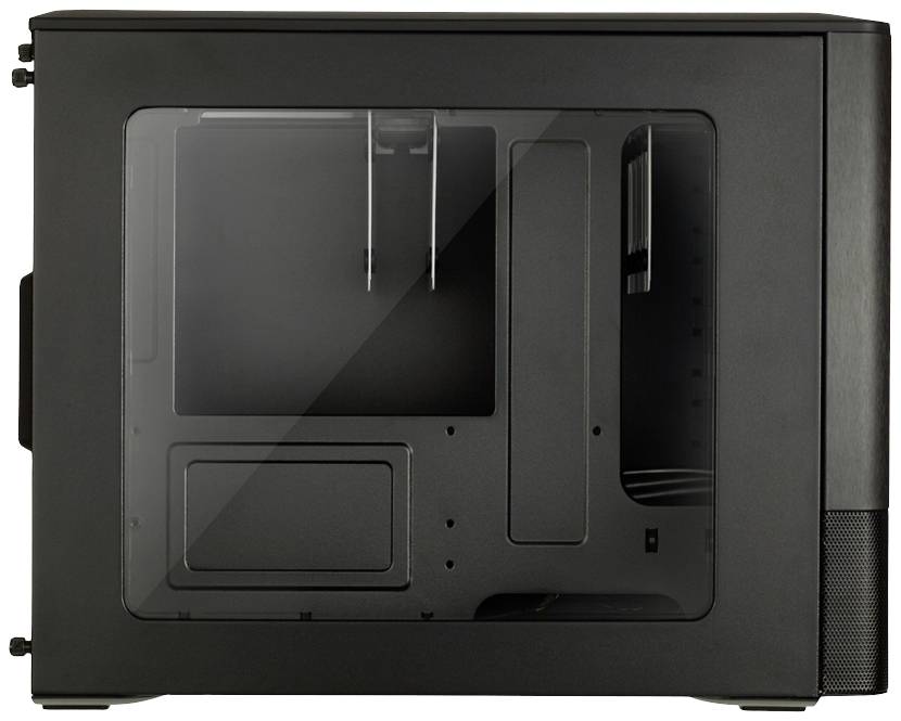 Boîtier d'ordinateur noir avec une fenêtre latérale, montrant la structure intérieure avec des supports et des emplacements pour le montage des composants.