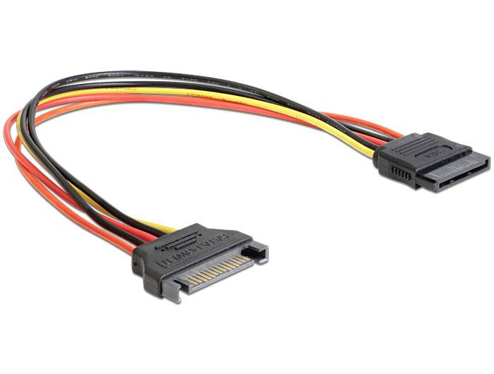 Un câble d'alimentation SATA avec des fils noir, jaune et rouge, utilisé pour connecter un disque dur à une alimentation électrique.