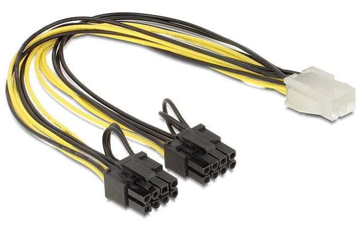 Adaptateur de câble d'alimentation PCIe avec deux connecteurs à 6 broches et un connecteur à 8 broches. Les câbles jaunes et noirs relient les connecteurs.