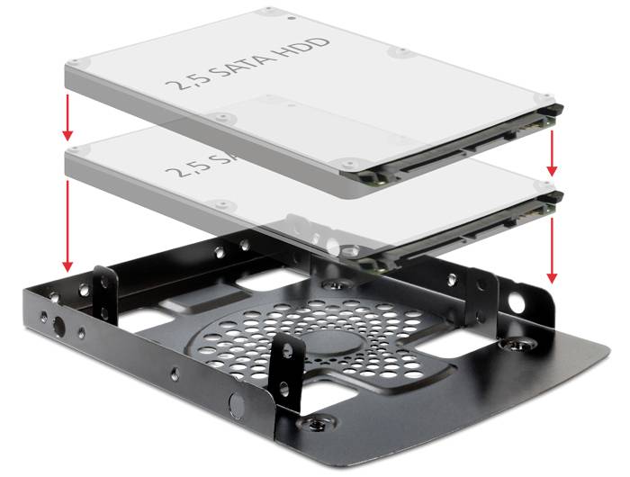 Deux disques durs SATA de 2,5 pouces sont installés dans un cadre adaptateur. Des flèches indiquent le sens de l'installation vers le bas.