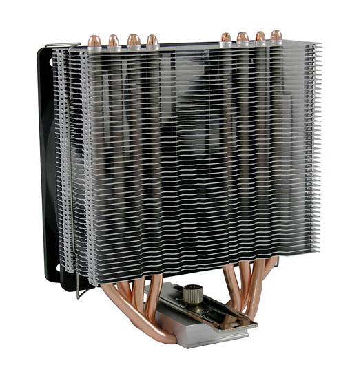 Un dissipateur thermique avec plusieurs ailettes en aluminium et des caloducs en cuivre, responsables de l'évacuation de la chaleur dans un ordinateur.