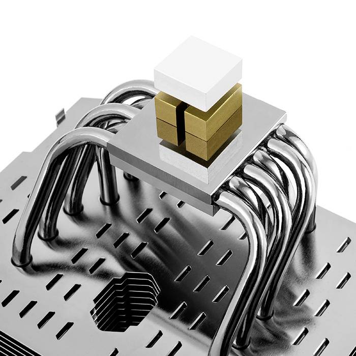 Une structure métallique avec des tubes et un bloc empilé, de couleur or et blanche au-dessus, probablement un objet de design.