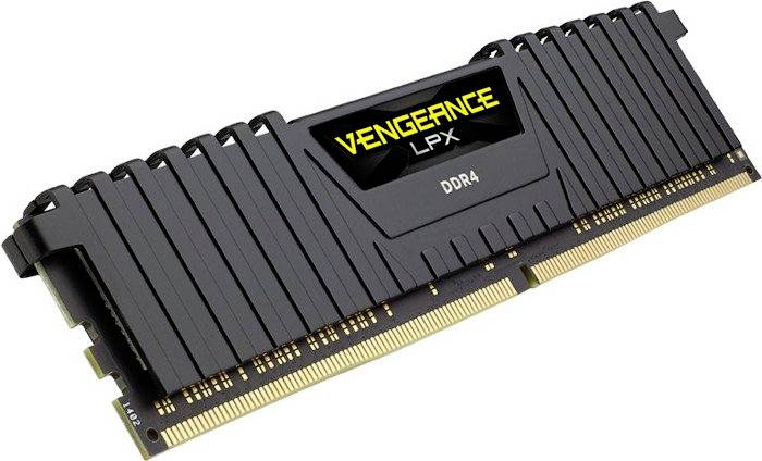 Barrette de RAM DDR4 noire portant l'inscription 'Vengeance LPX', adaptée aux ordinateurs de bureau haute performance.